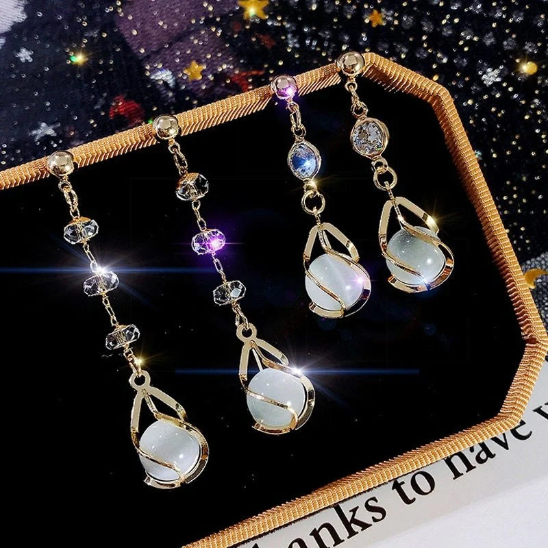 Crystal opal earrings with water drop design and electroplating finish
