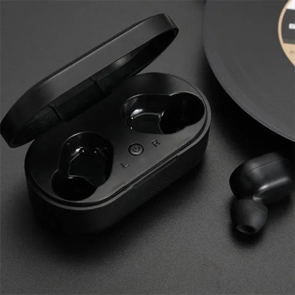 Black and white M1 wireless Bluetooth earbuds with a charging case on a neutral background.