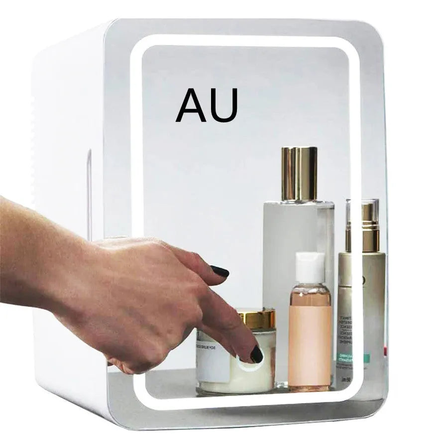 White portable mini fridge with cooler and warmer functions for cosmetics, shown with removable shelf and power cords.