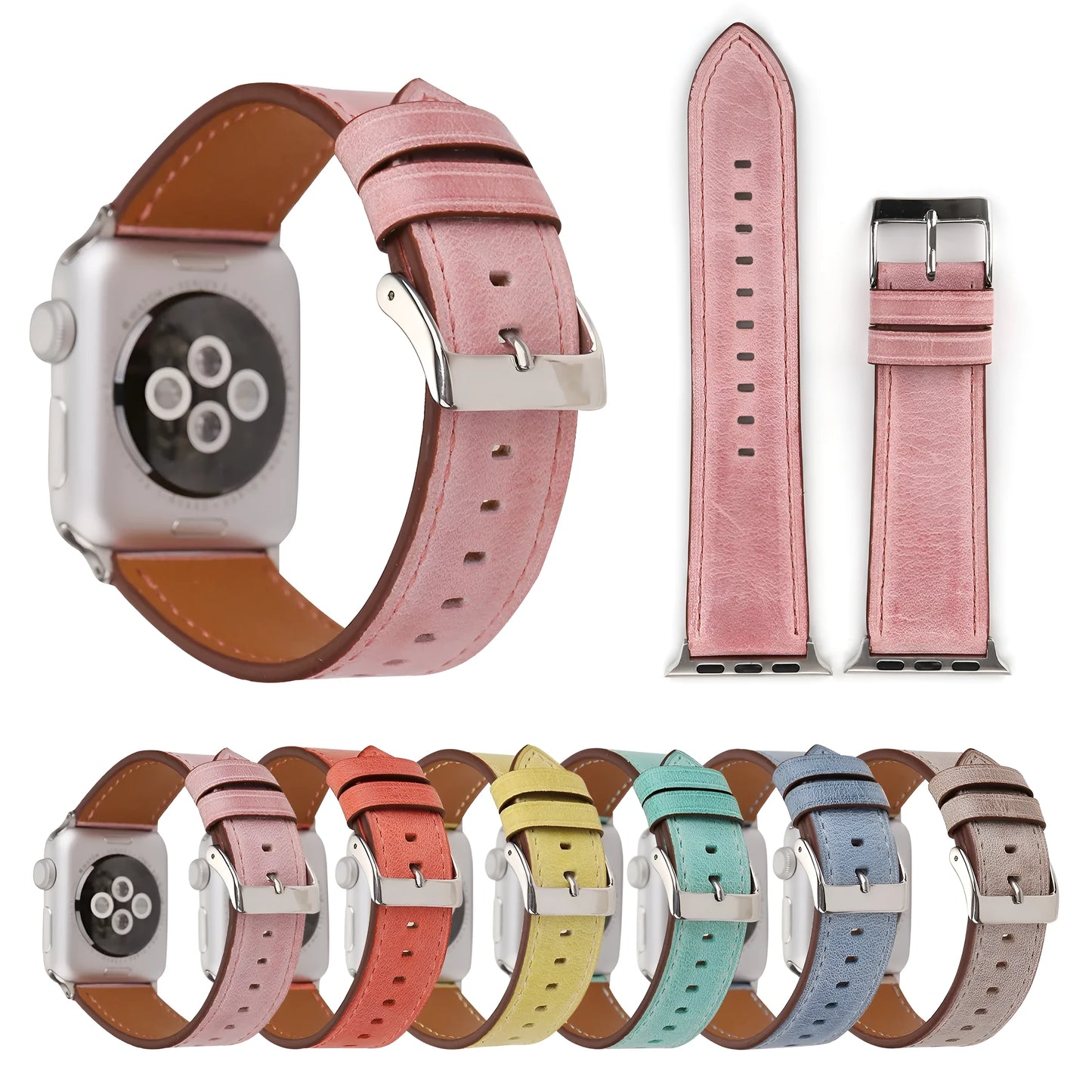 Leather watch strap with a folding buckle in blue, shown next to brown, green, orange, pink, and yellow colour options.