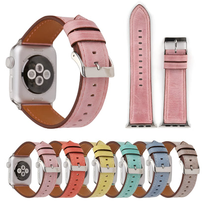Leather watch strap with a folding buckle in blue, shown next to brown, green, orange, pink, and yellow colour options.