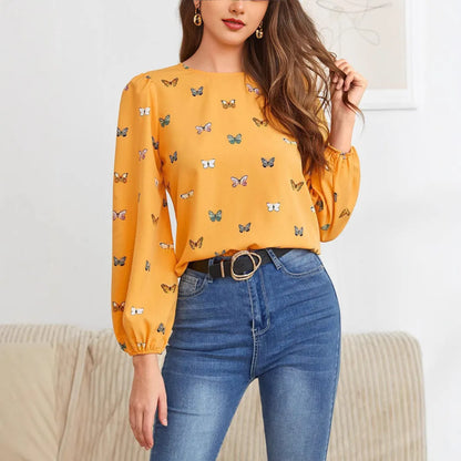 Women's butterfly print long-sleeved shirt in loose fit available in green or orange colours