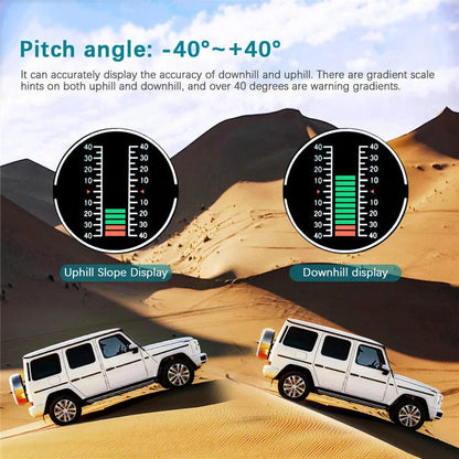 GPS GO 2 universal car head-up display with carbon fibre body showing speed, angle, and compass data on a colour LCD screen.