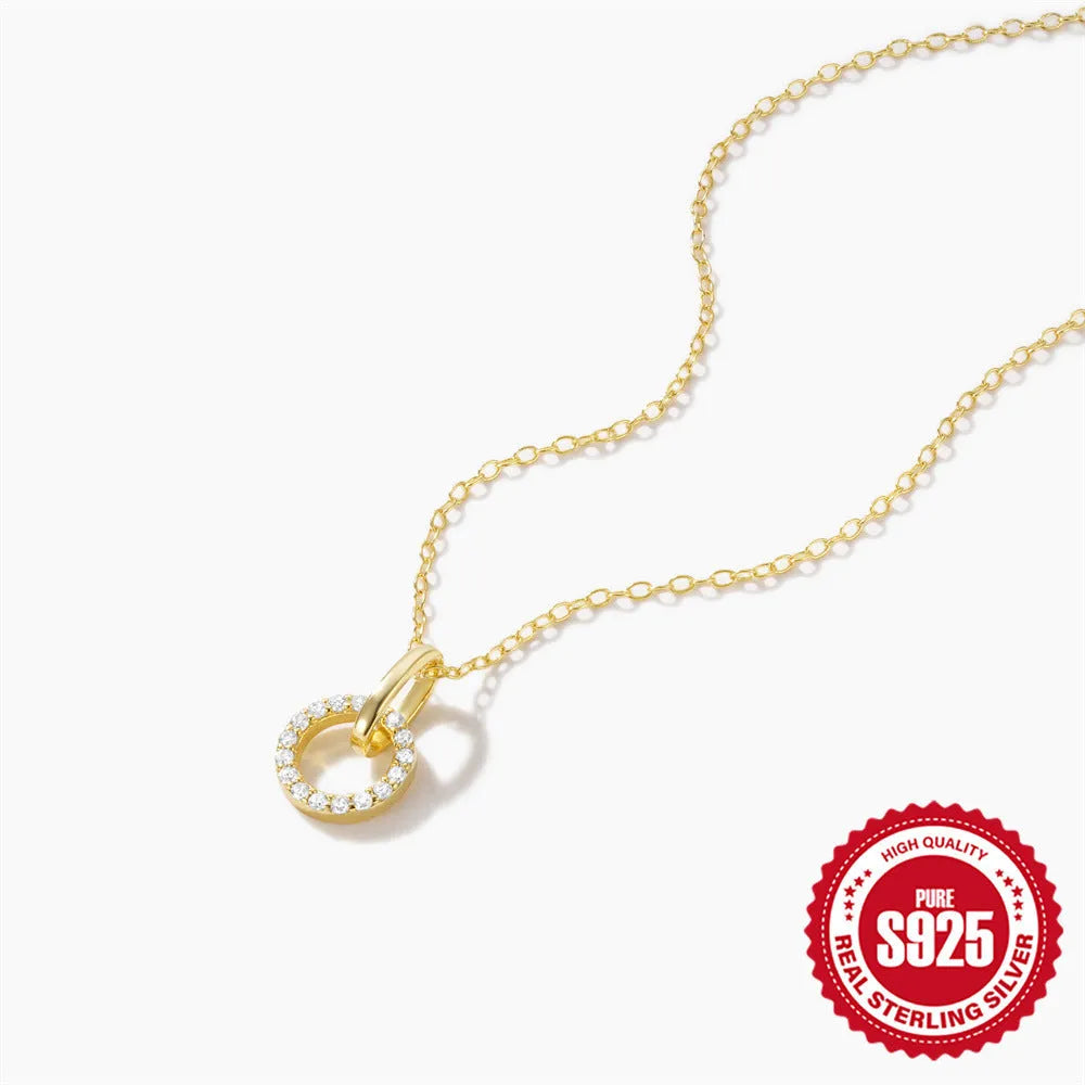 Gold colour sterling silver clavicle chain necklace with interlocking zircon pendant, adjustable 21-50cm length