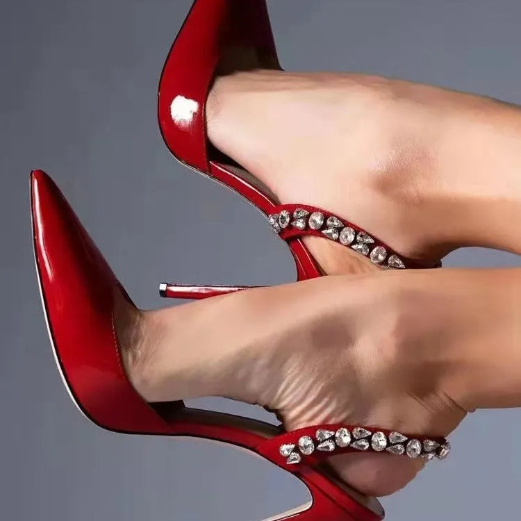 Pointed Toe Rhinestone Sandals High Heels Light Diamond Embellished Women's Dress Shoes in Patent Leather with 8cm or 11cm Heel Height Options Available in Multiple Matte and Patent Leather Colours Including Black Red White Nude and Rose Red