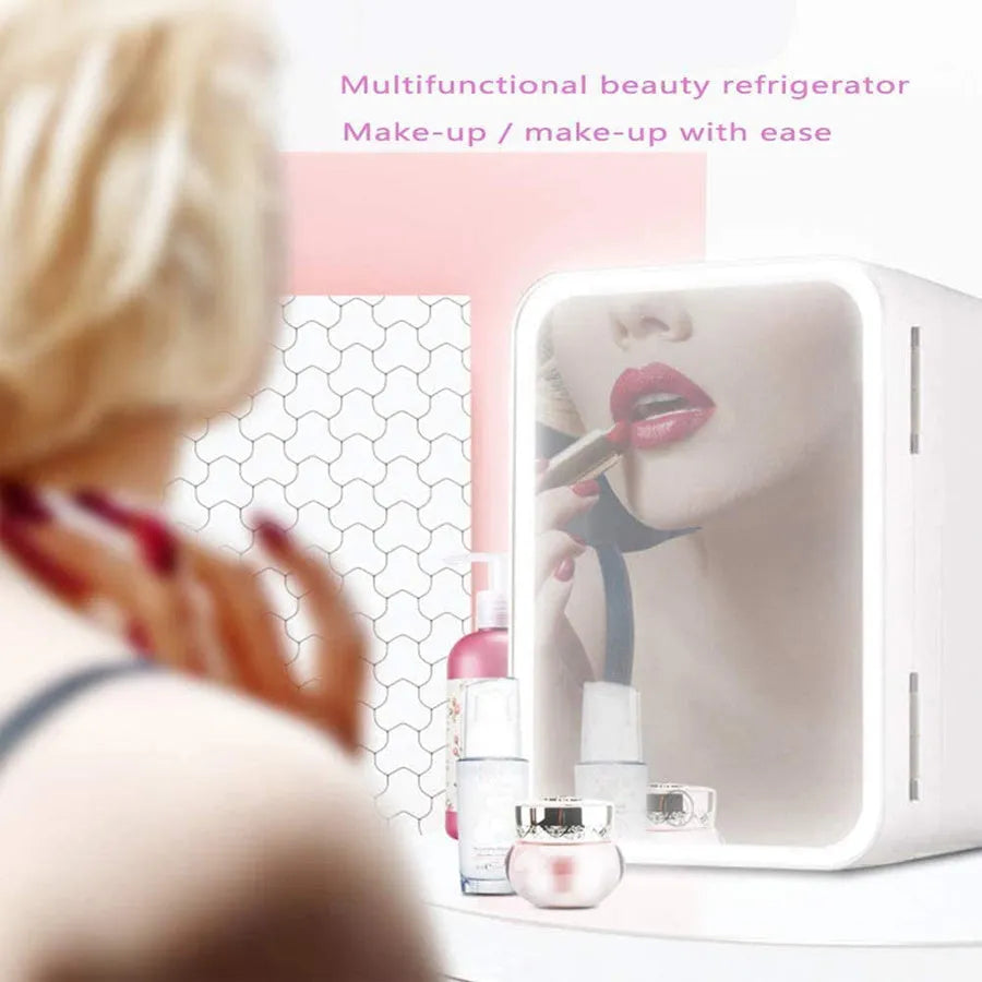 White portable mini fridge with cooler and warmer functions for cosmetics, shown with removable shelf and power cords.