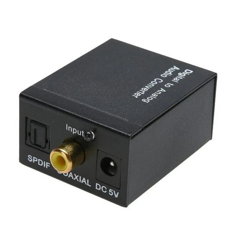 Black digital to analogue audio converter with Toslink and RCA inputs, RCA outputs, 5V power port.