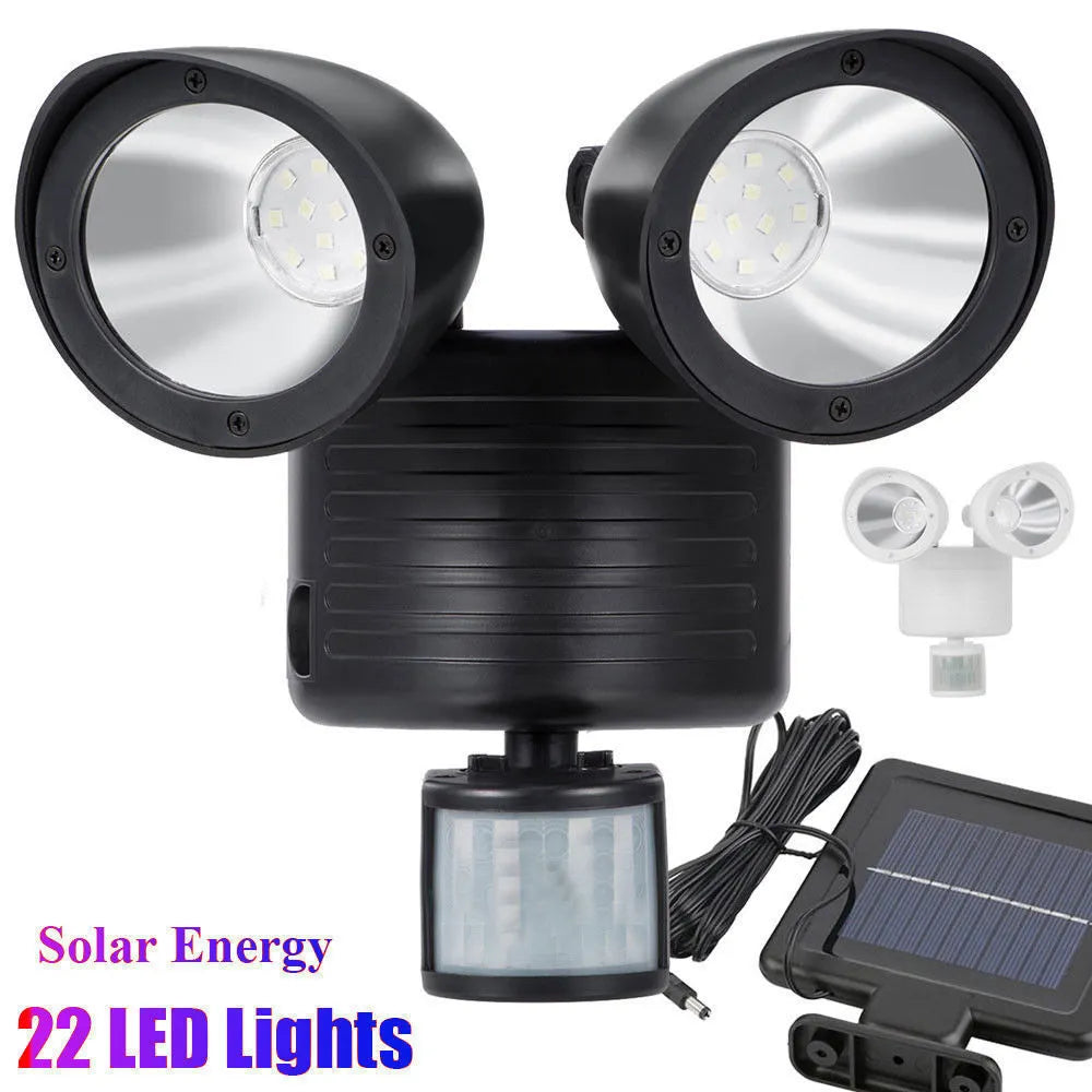 Black and white double head solar security spotlight with motion sensor for outdoor installation