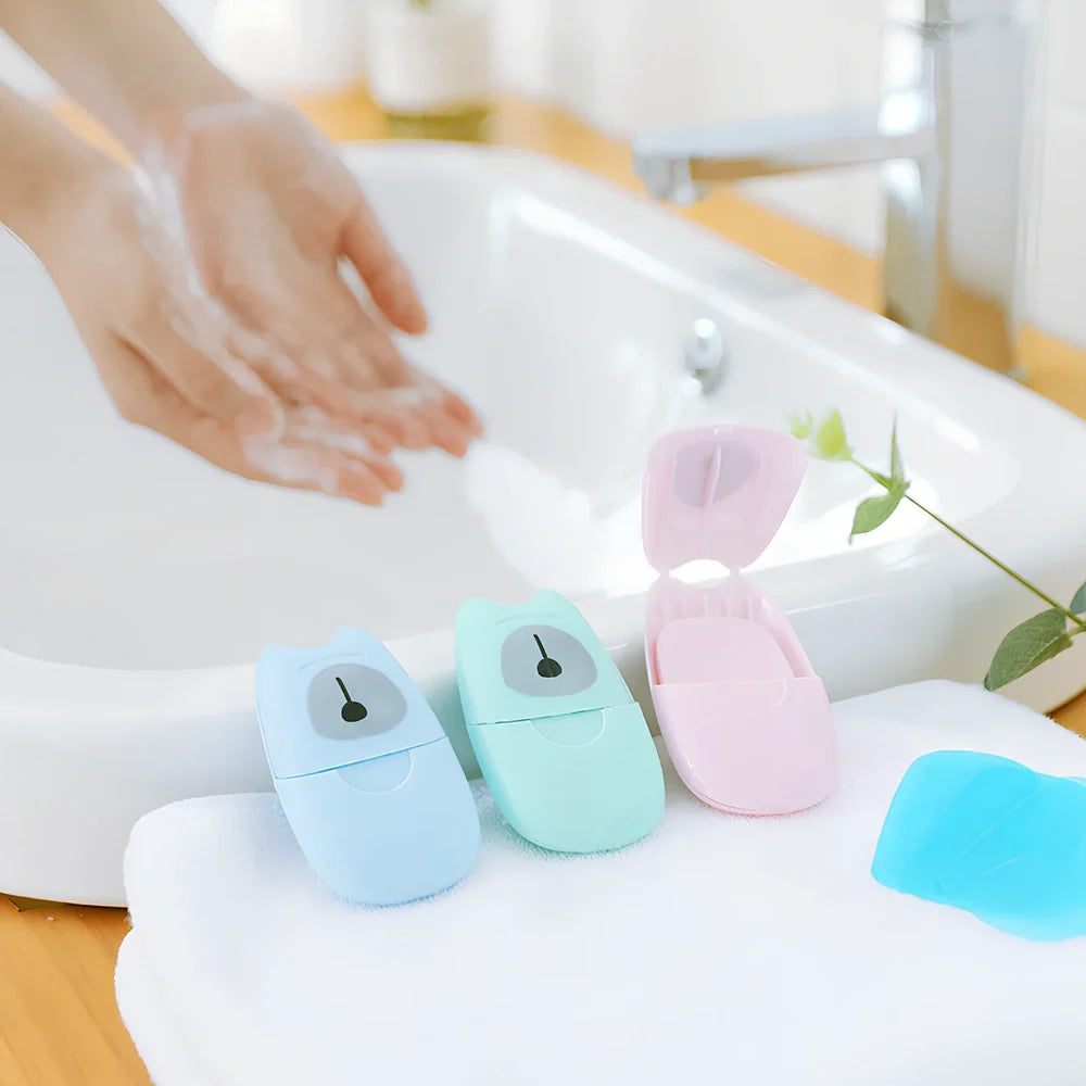 Pack of 50 pink biodegradable soap paper sheets in ABS carton, 8cm x 4.5cm each for portable cleaning