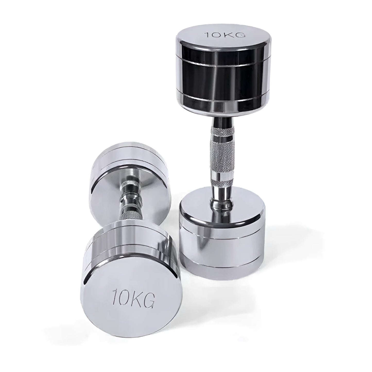 Silver pure steel electroplated dumbbell on a grey background, showing ergonomic handle.
