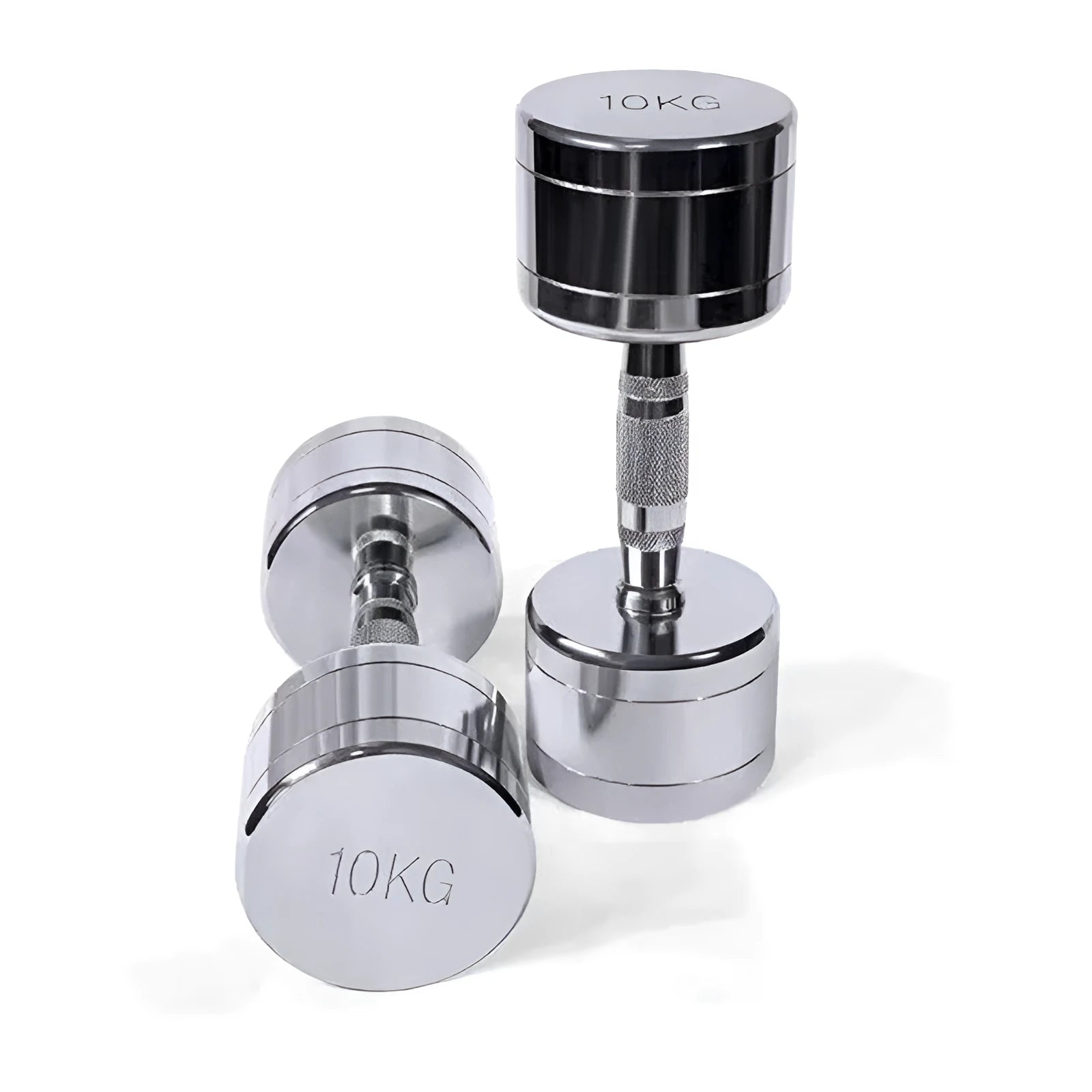 Silver pure steel electroplated dumbbell on a grey background, showing ergonomic handle.