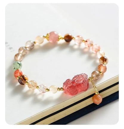Women's strawberry quartz crystal bracelet with Pixiu charm and freshwater pearls on copper components
