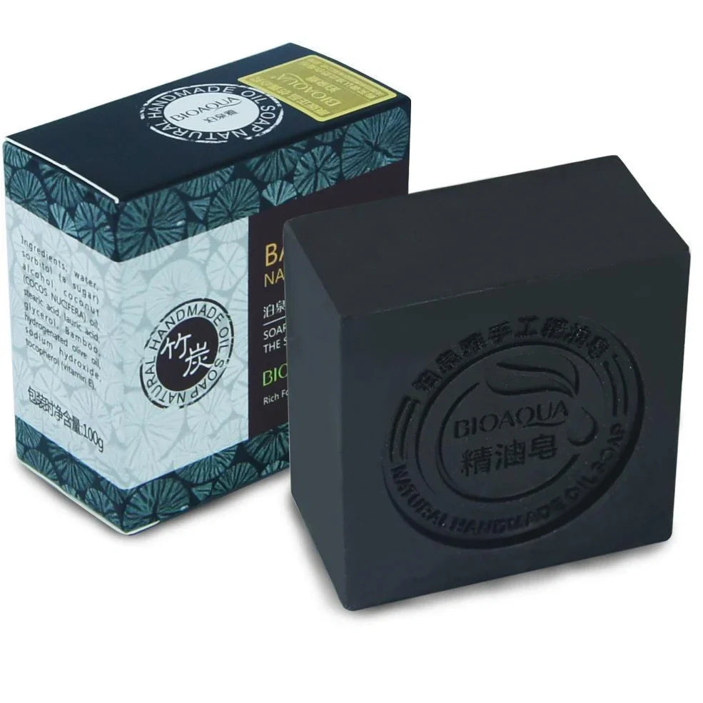 BIOAQUA 100g handmade essential oil soap bar with bamboo charcoal for acne cleansing and olive oil hydration