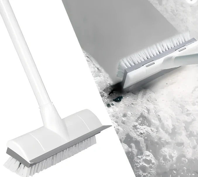 2-in-1 floor scrub brush with 120cm foldable handle, stiff PP bristles, and steel scraper in brown mailer box, 44cm folded size