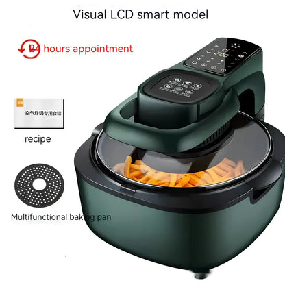 Green 6L air fryer with touch controls, 335x325x295mm dimensions, 1500W power for family cooking