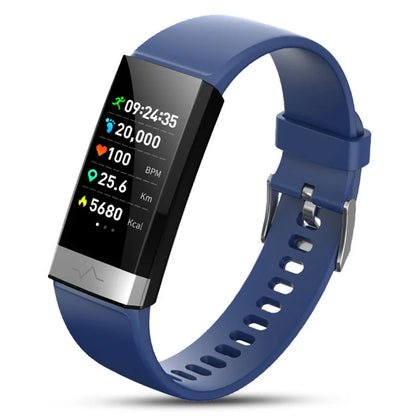 V19 smart fitness tracker in black on a wrist, showing heart rate and SpO2 data on its colour screen.