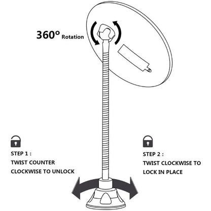 White 10x magnifying LED makeup mirror with flexible gooseneck and suction cup base on a table.