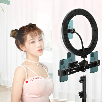 10-inch ring selfie light clipped to smartphone with 19cm metal bracket extended, rotatable for even face illumination