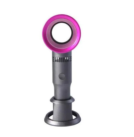 Portable bladeless fan with USB cable and base, showing compact design and bladeless airflow
