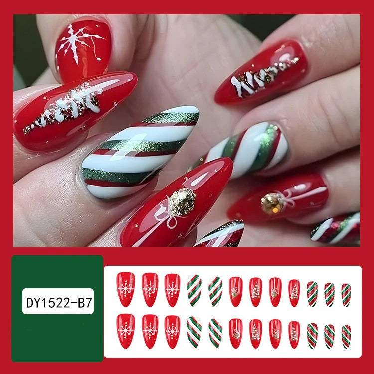 24pcs Christmas false nails with hat striped snowflake design for festive holiday wear