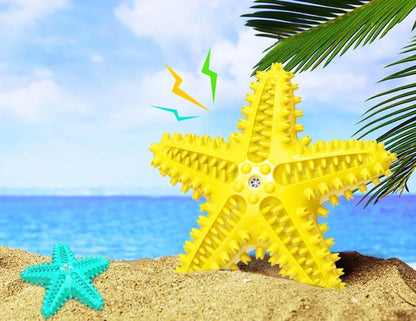 Starfish Vocal Pet Dog Toy Molar Stick in lake blue, yellow, and green