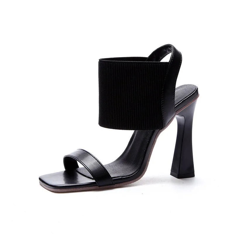 Women's high heel sandals with elastic strap in Black, Milky White, and Brown colours