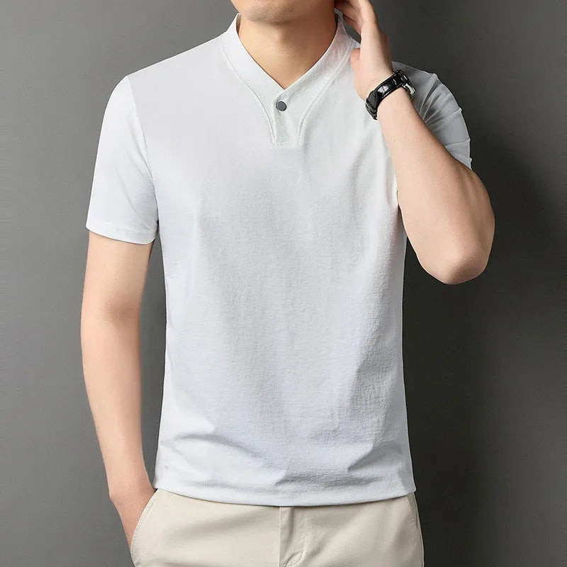 Men's short sleeve t-shirt with front zipper high-collar in polyester blend fabric