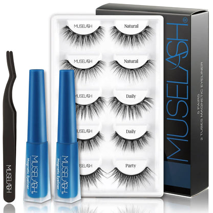 Magnetic false eyelashes in various styles, including cross, thick, feathery, natural slim, and elongated, with a liquid eyeliner pen