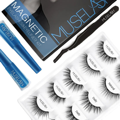 Magnetic false eyelashes in various styles, including cross, thick, feathery, natural slim, and elongated, with a liquid eyeliner pen