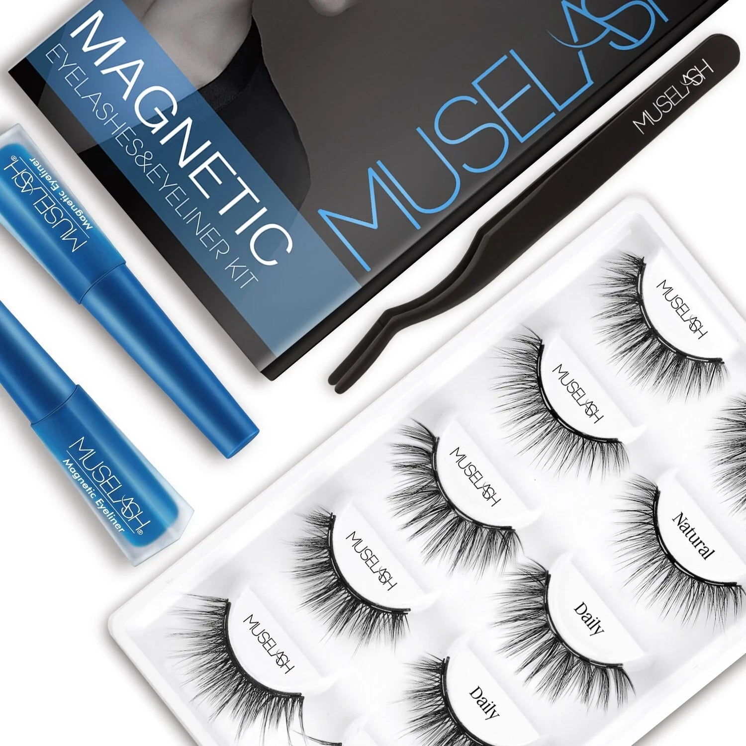 Magnetic false eyelashes in various styles, including cross, thick, feathery, natural slim, and elongated, with a liquid eyeliner pen