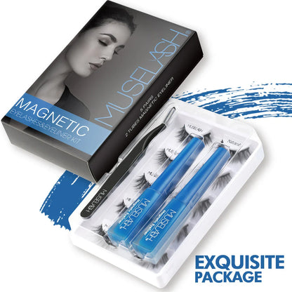 Magnetic false eyelashes in various styles, including cross, thick, feathery, natural slim, and elongated, with a liquid eyeliner pen
