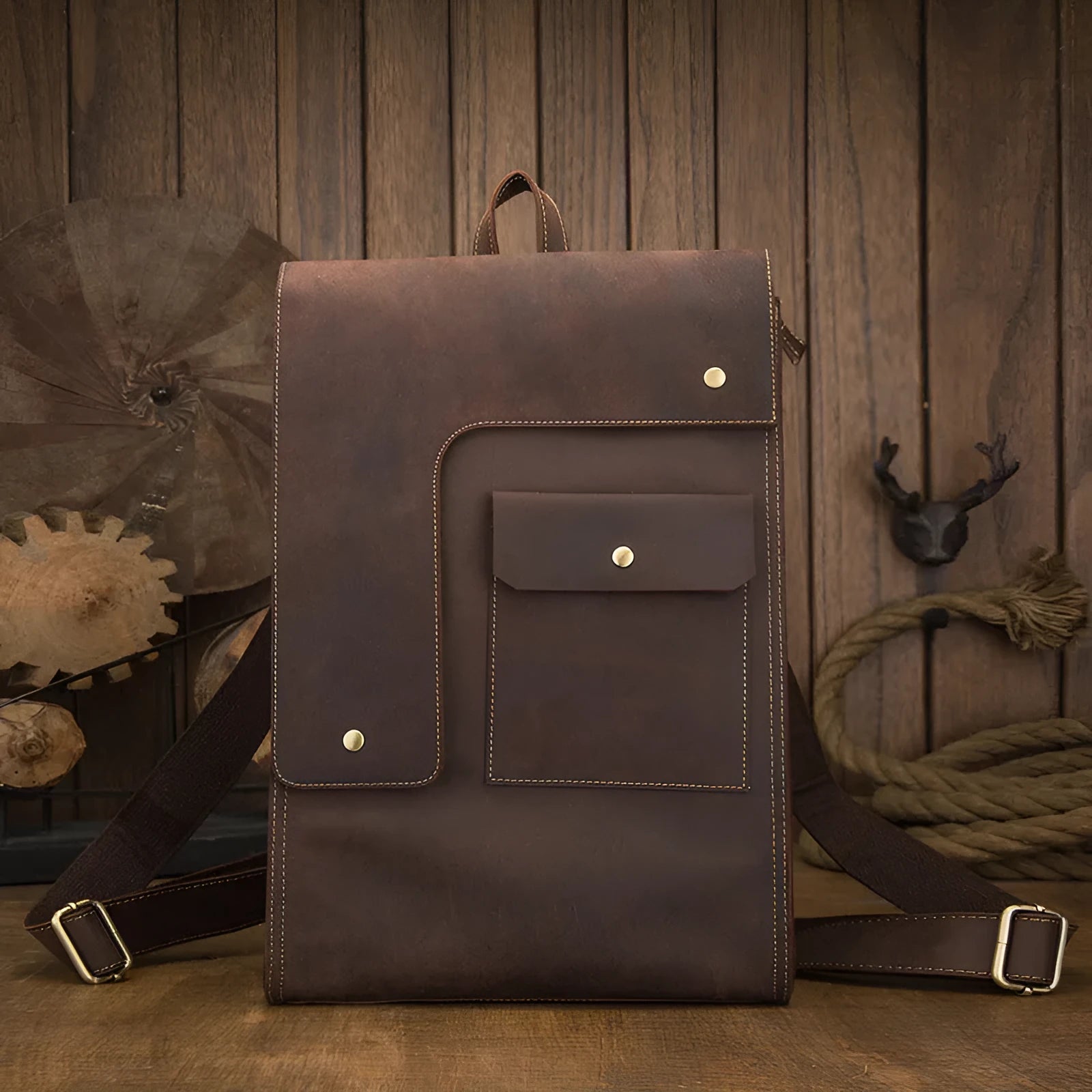 Dark brown genuine leather men's travel bag with vertical square design and double shoulder straps