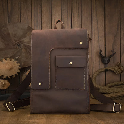 Dark brown genuine leather men's travel bag with vertical square design and double shoulder straps