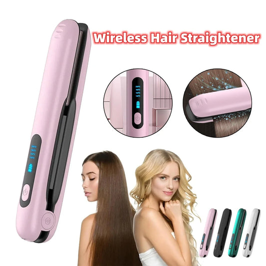Cordless hair straightener and curler with ceramic plates, 4 heat settings, and 5000mAh rechargeable battery for on-the-go styling