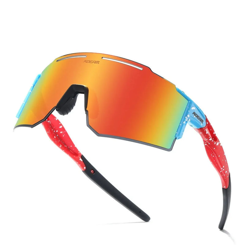 Polarised cycling sunglasses for men and women with TR90 lightweight frame and frameless sports design available in multiple vivid colours, offering wind protection and UV eye protection for athletic activities