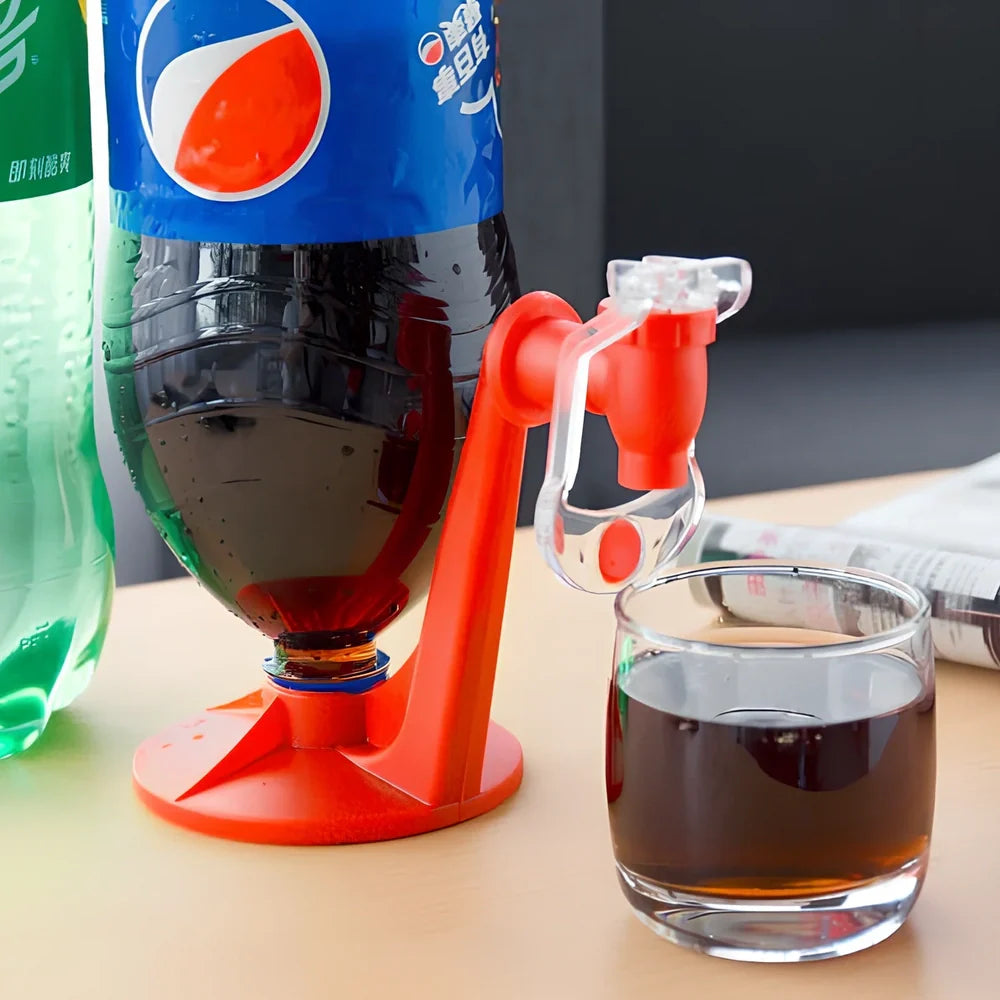 Red automatic soda dispenser gadget attached to beverage bottle for hands-free pouring