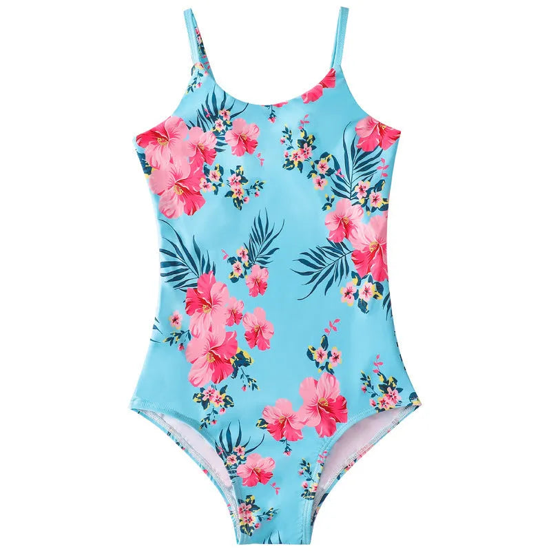 Children's mermaid one-piece swimsuit for girls in polyester with high elasticity, shown in various colours