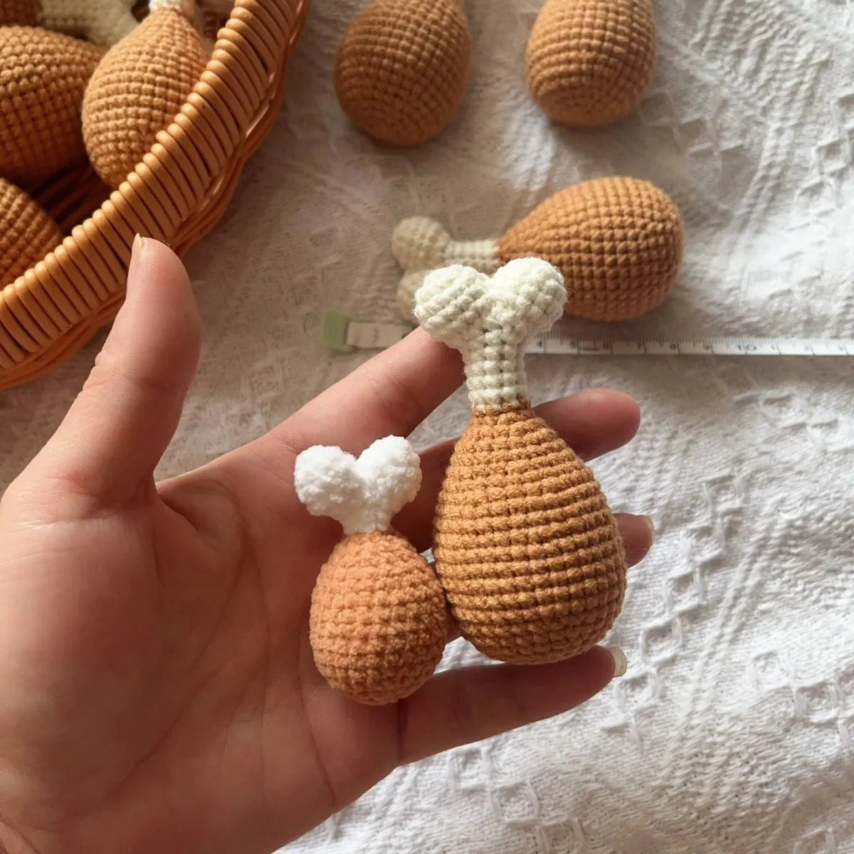 Crocheted plush chicken leg pendant keychain approximately 8 cm long