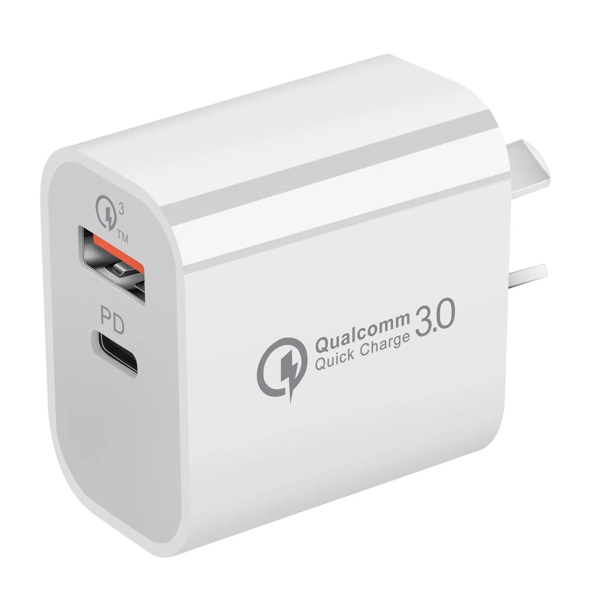 White Australian Standard dual USB charger with AU plug showing USB-A and USB-C ports