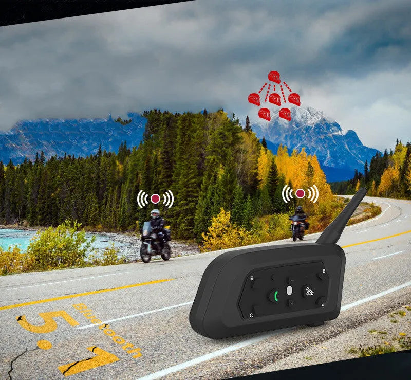 V6 Pro motorcycle Bluetooth intercom unit with headset and mounting kit on a helmet.