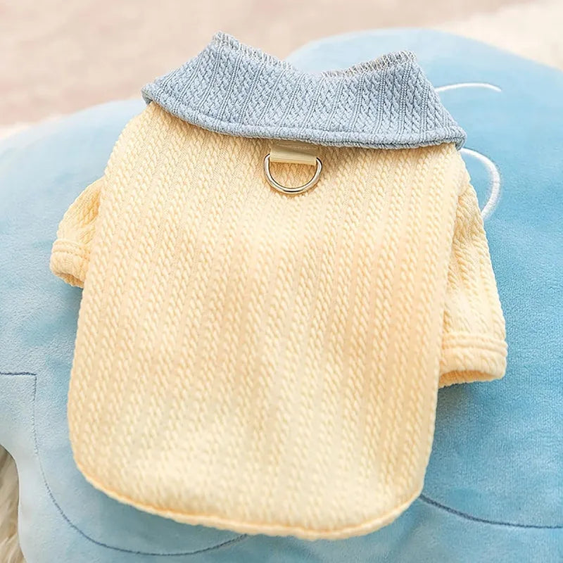Yellow two-legged dog shirt with bow tie collar for small and medium dogs, sizes XS-XXL