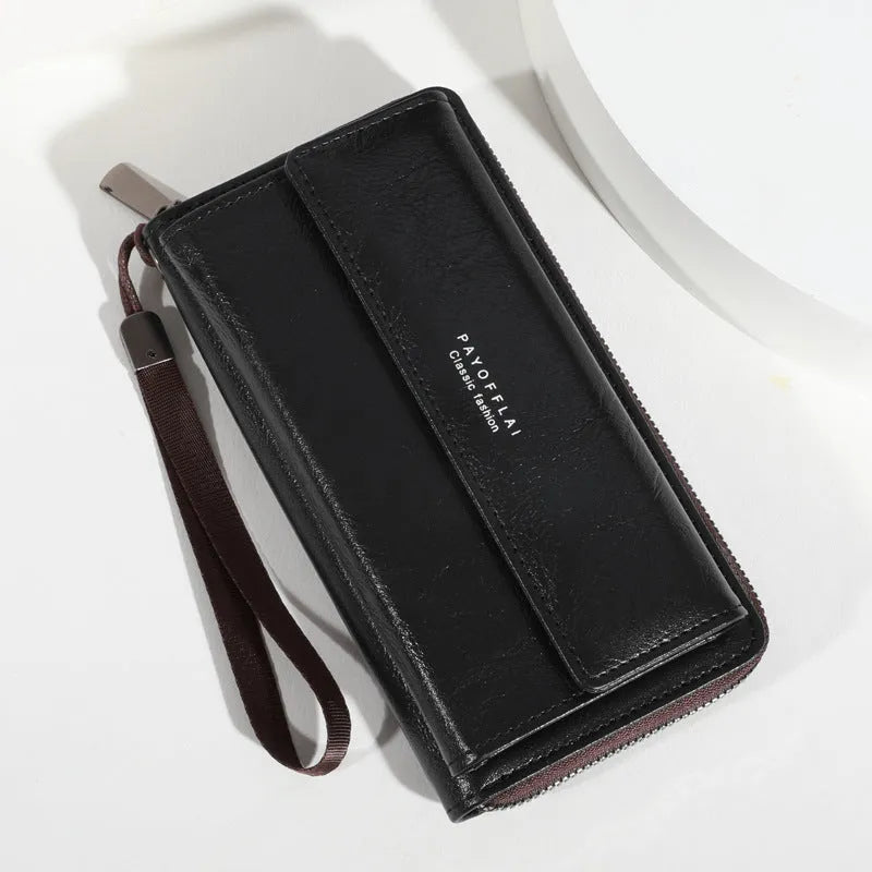 Men's black PU leather wallet showing multiple card slots and 19x10.5x4cm dimensions