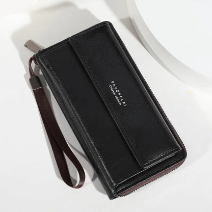Men's black PU leather wallet showing multiple card slots and 19x10.5x4cm dimensions