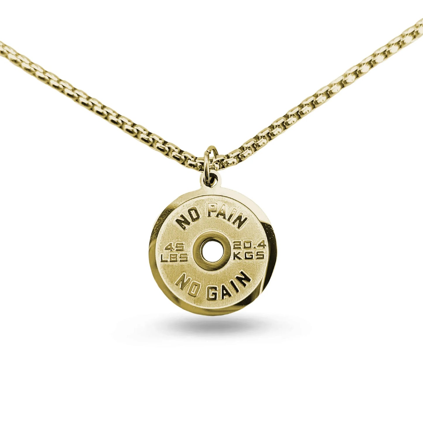 Stainless steel barbell disk necklace with polished pendant on 60cm chain