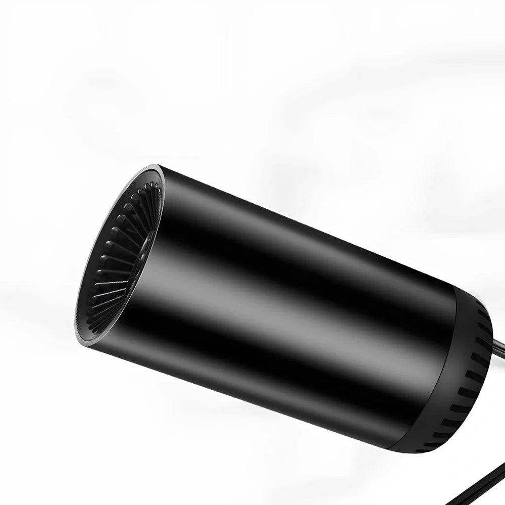 Black grey 12V car heater measuring 15cm × 7cm with 1.5m cable for windshield defogging