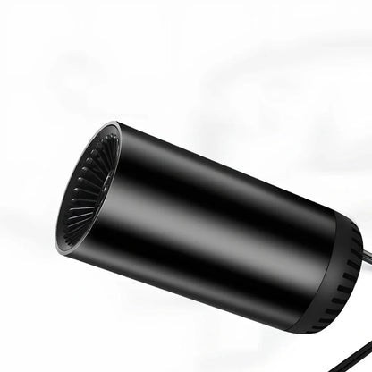Black grey 12V car heater measuring 15cm × 7cm with 1.5m cable for windshield defogging