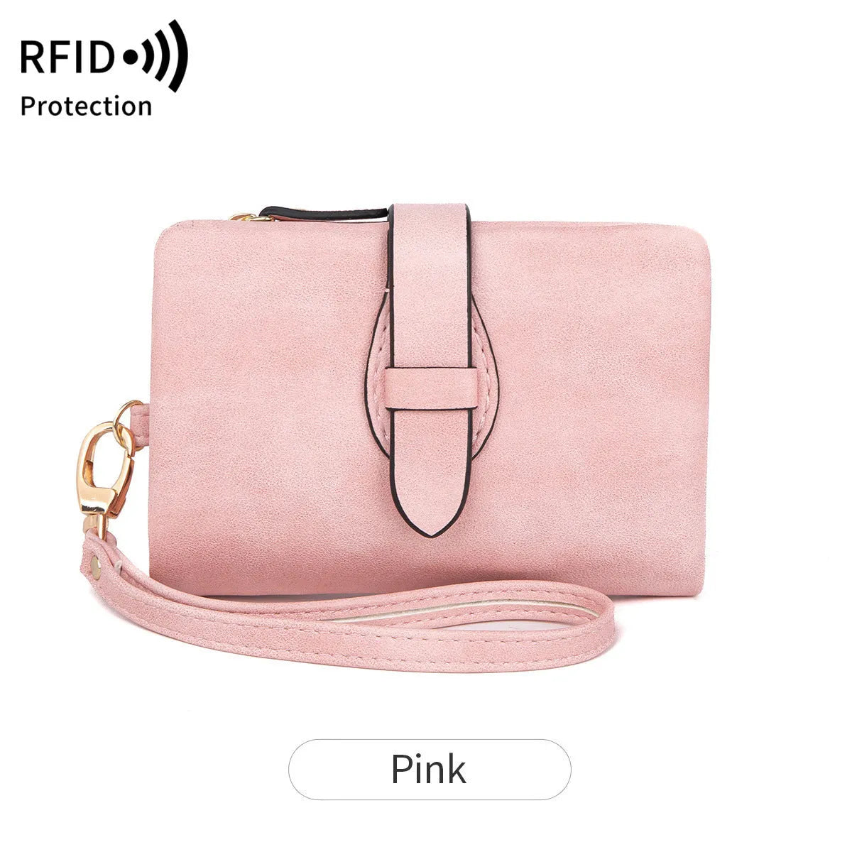 RFID women's short wallet in PU leather with sewing line detail, available in eight colours