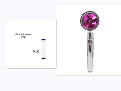A high-pressure handheld shower head with a turbo-charged water flow and a cotton filter for a luxurious, spa-like bathing experience.
