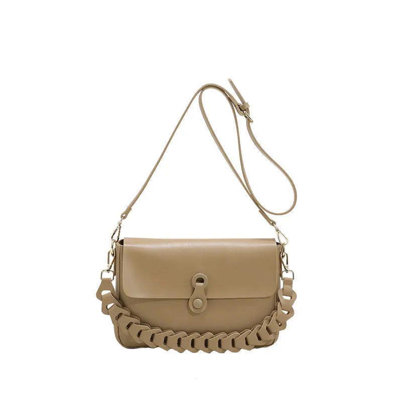 Women's PU leather shoulder bag with woven chain strap, medium square shape, 28cm width, 17cm height, in black