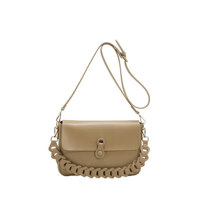Women's PU leather shoulder bag with woven chain strap, medium square shape, 28cm width, 17cm height, in black